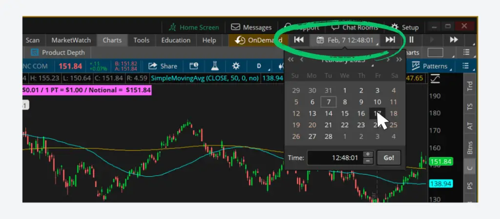 Thinkorswim onDemand tool. Once selected, the calendar icon in the upper right hand corner allows users to pick a particular date and time. 