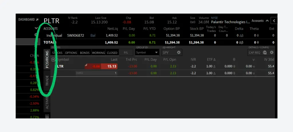 The positions page located in the Tastytrade platform. This page displays all activate orders and open positions. 